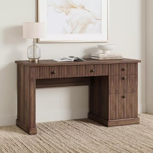 54" Fluted Modern Desk With Charging Station & File Cabinet,Office Desk w/Built-in Drawers- Storage Office Desk for Study, Living Room & Bedroom - 1 of 4