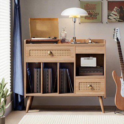 Record Player Stand with Charging Station, Boho Side Table with Vinyl Holder Storage Shelf, Natural