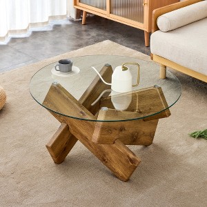 KTMBDW Circular Modern Coffee Table, 33.4-inch Tempered Glass Table Top, Distinctive Design Tea Table with Wood Colored Legs for Living Room - 1 of 4