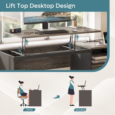 Retro Grey Oak Adjustable Height Standing Desk with Drawer and Power Outlet
