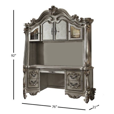Elegant Antique White and Gray Wooden Desk with Hutch and Drawers