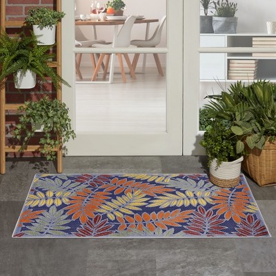 Navy Multicolor Floral Leaf Outdoor Rug 2'8" x 4'