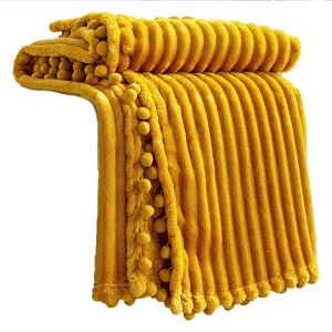 Itopfox Fleece Blanket Throw - Yellow Soft, Plush, Fluffy, Fuzzy, Warm, Cozy Perfect for Couch, Bed, Sofa with Pompom Fringe Flannel - 1 of 4