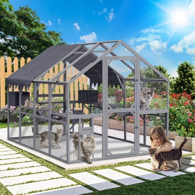 110" Outdoor Cat House with Platforms And Bridges,Large Walk In Catio with Waterproof Cover And Sliding Doors-LAOTIES