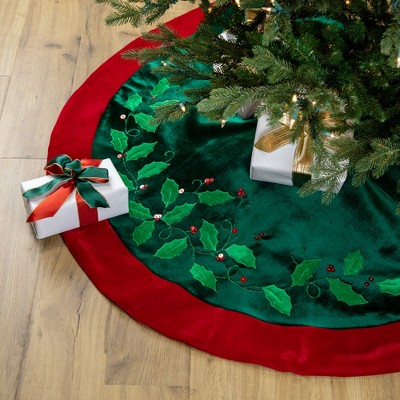 48" Dark Green Velveteen Christmas Tree Skirt with Holly and Berry Embellishments