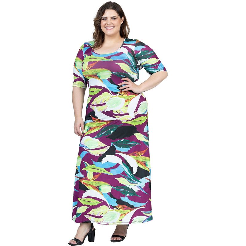 24seven Comfort Apparel Plus Size Multicolor Floral Print Elbow Sleeve Casual A Line Maxi Dress, 2 of 7