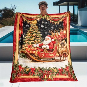 Lomsoe Christmas Santa Sleigh & Reindeer Print Flannel Blanket - All Seasons Soft and Warm Perfect for Living Room Decor, Sofa, Bed, Travel - 1 of 4
