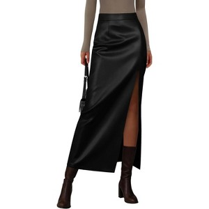 Women's 2025 Faux Leather Pencil Skirt - High Waist Slit Maxi for Office & Winter Fashion Black - 1 of 4