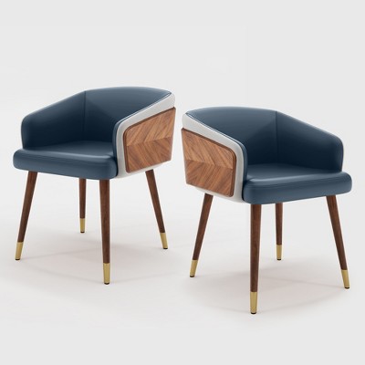 ARTPLAN Mid Century Modern Dining Chair Set of 2,Faux Leather Uphoolsted Accent Arm Chair,Walnut with Beech Feet for Dining Room/Home Office
