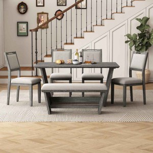 6 PCS Dining Set with Bench and Chairs, Rectangular Dining Table with Trestle Base, Upholstered Chairs and Bench with Wood Frame-Coolbibila - 1 of 4