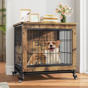 27in Wood Dog Crate Furniture with Wheels Double Doors Mobile Pet Kennel End Table - 1 of 4