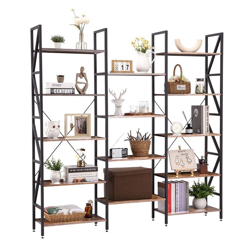 Whizmax Triple Wide 5 Tier Metal Fram BookShelf, Large Industrial Bookcases with Open Display Shelves,RetroBrown, 1 of 6