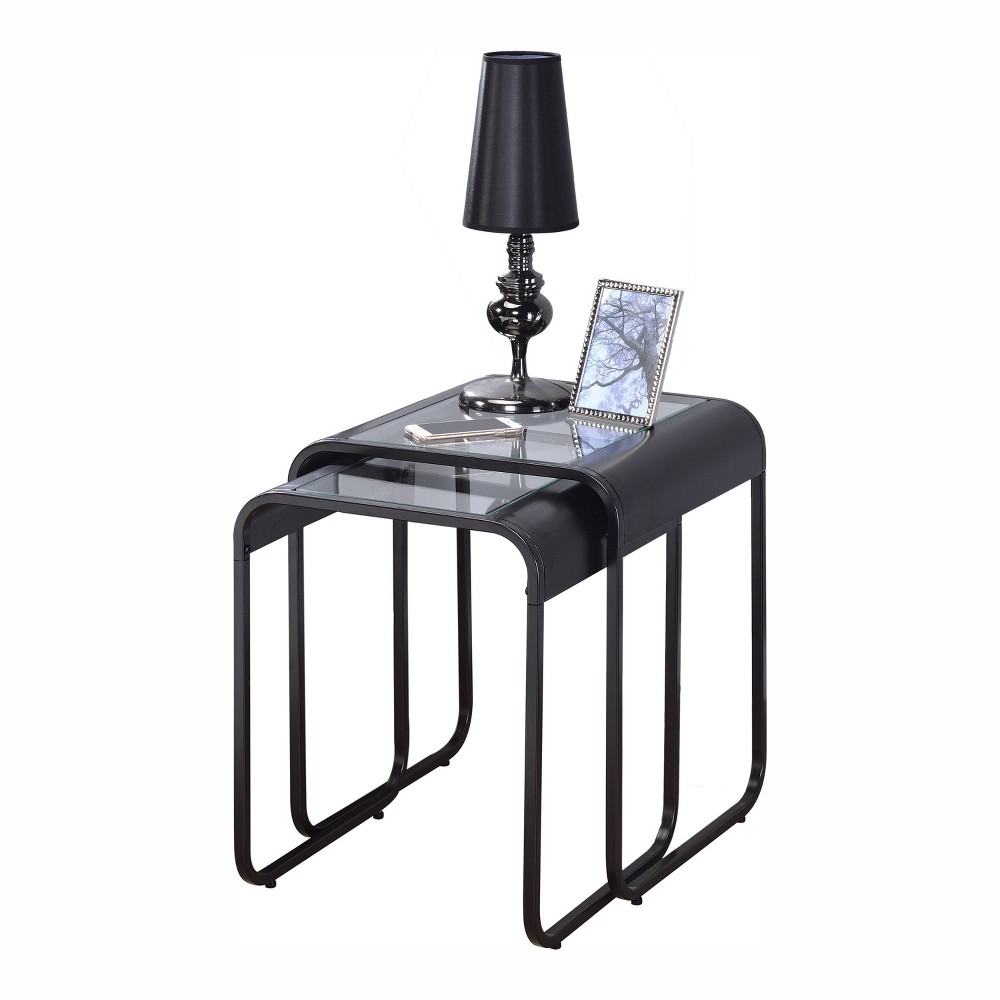 Photos - Coffee Table 24/7 Shop At Home 2pc Abramma Metal Nesting Table Set Black: Tempered Glass, Modern Style, Rectangular Shape