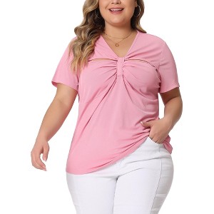 Agnes Orinda Women's Plus Size Ribbed Knit Cut-Out Twist Knot V Neckline Short Sleeve T-Shirt - 1 of 4