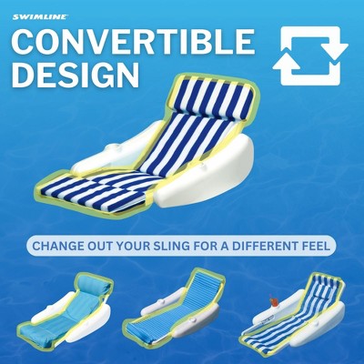 Blue and White Striped Padded Floating Pool Lounger with Cup Holders