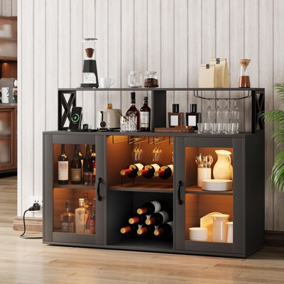 Bar Cabinet with LED Lights & USB Ports - Wine & Liquor Cabinet for Home, Rustic Farmhouse Style, Alcohol, Glass Holder,Black