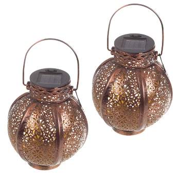Set of 2 Solar Outdoor Lights - Hanging or Tabletop Rechargeable LED Lantern Set with 2 Shepherd Hooks for Outdoor Decor by Pure Garden (Bronze)