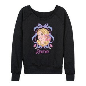Women's - Barbie - Portrait Floral Coquette Bow Lightweight French Terry Wide Neck Long Sleeve Shirt - 1 of 4