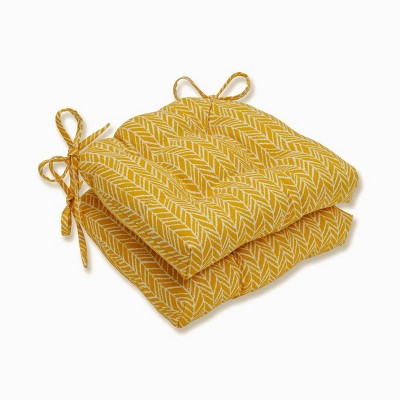 Set of 2 Indoor/Outdoor Herringbone Egg Yolk Reversible Chair Pad Yellow - Pillow Perfect: Weather & Fade-Resistant with Ties