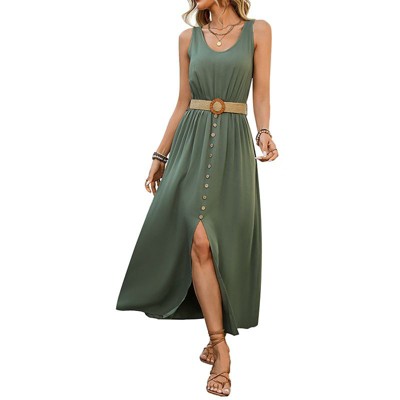 Coolmee Women Summer Maxi Dresses Sleeveless Casual Loose Swing Button Down Long Sundress with Belt