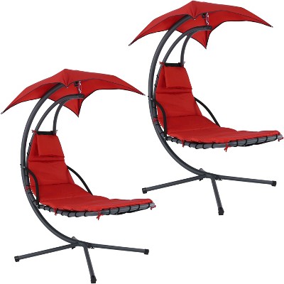 Sunnydaze Outdoor Hanging Chaise Floating Lounge Chair with Canopy Umbrella and Stand, Red, 2pk