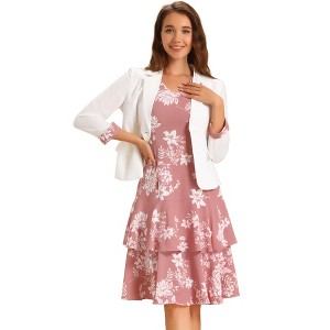 Allegra K Women's Chiffon V Neck Contrast Panel Work Jacket Dress Suit Set 2 Pcs - 1 of 4