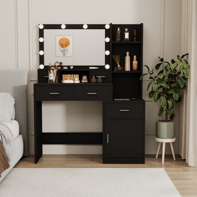 FONTOI 43.3"W Vanity Table with 5 Drawers and 3 Open Shelves Smooth MDF Surface for Bedroom Dressing Room, Black, 43.31"*15.75"*55.91"