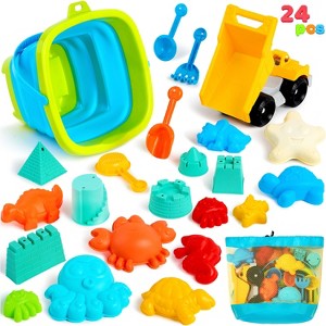 Joyfy 24 Pcs Beach Toys Set, Sand Toys Collapsible Sand Buckets with Mesh Bag Sand Shovels Castle Sets for Kids Toddlers Boys Girls Outdoor Play - 1 of 4