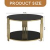 Modern Mirror Coffee Table, Asymmetrical Metal, Circular Metal Drum Base, Gold Finish & Lower Shelf - Leovsnove - 3 of 4
