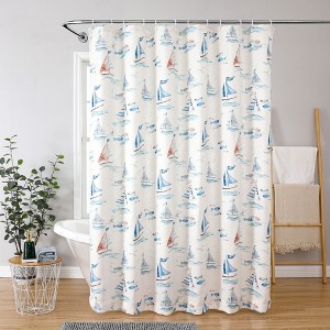 Kate Aurora Maritime Blues Coastal Sailboats And Fish Fabric Shower Curtain - 72 in. Wide x 72 in. Long - 1 of 4