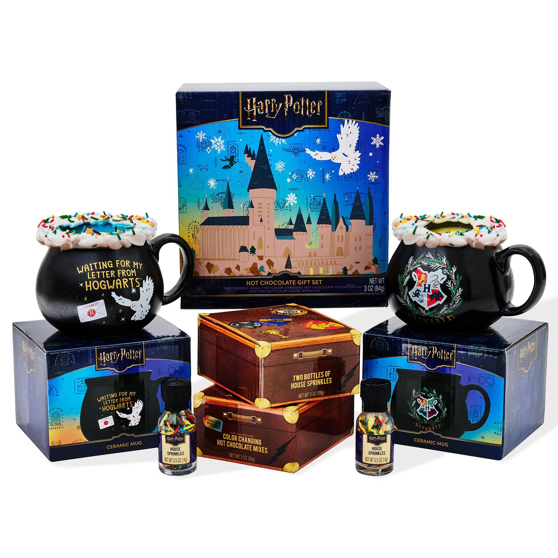 HARRY POTTER Hot Chocolate Mug Gift Set – Includes Color-Changing Cocoa Mixes, House Sprinkles & Cauldron Mugs, Officially Licensed