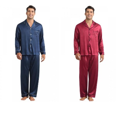 INSPIRE CHIC Men's 2 Pack Sleepwear Button Down Long Sleeve Classic Satin Pajamas Sets