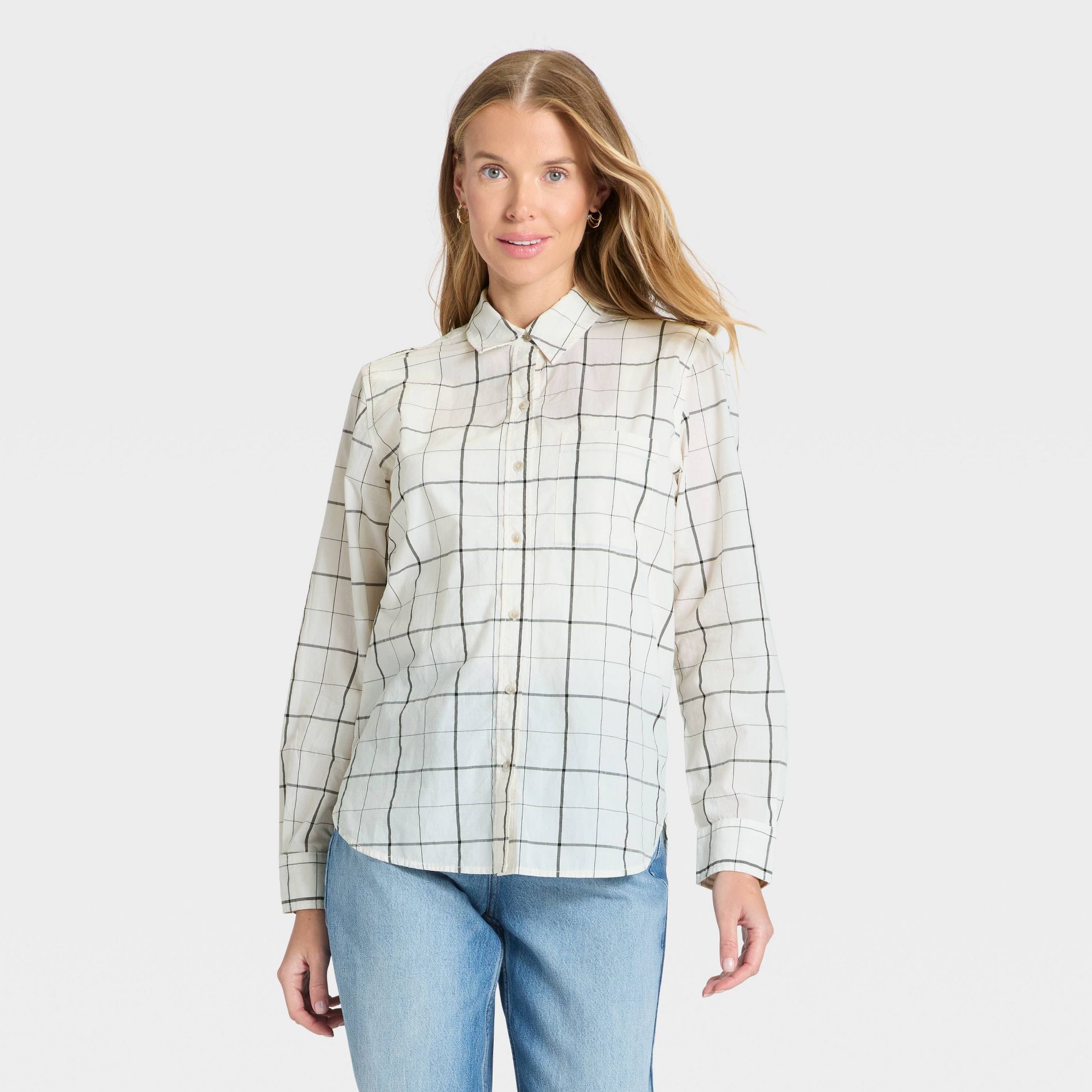 Women's Long Sleeve Collared Neck Button-Down Shirt - Universal Thread™ Cream Plaid L