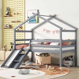 NicBex Twin Loft Bed Low Height Pine Bed Frame House Shape Design with Slide, Inclined Ladder and Full Length Guardrail, No Box Spring Required - 1 of 4