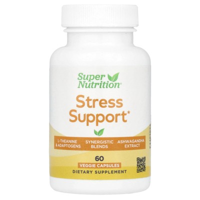 Super Nutrition Stress Support with L-Theanine, Ashwagandha, Botanical Blend, and Enzymes, 60 Veggie Capsules