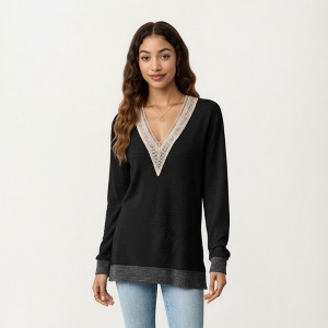 Anna-Kaci Women's Long Sleeve V-Neck Top with Contrast Crochet Trim and Relaxed Hem - 1 of 4
