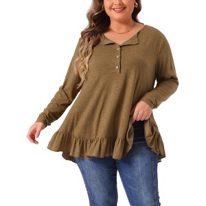 Agnes Orinda Women's Plus Size Casual V Neck Long Sleeve Ruffled Hem Button Half Placket Tops - 1 of 4