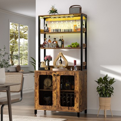Aheaplus Wine Bar Cabinet with LED Light and Power Strip