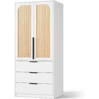 homfan Wardrobe Closet, 69.5" Wooden Wardrobe Cabinet with 3 Drawers, Hanging Rod, 2 Doors Clothing Storage Cabinet for Bedroom, Rattan Door