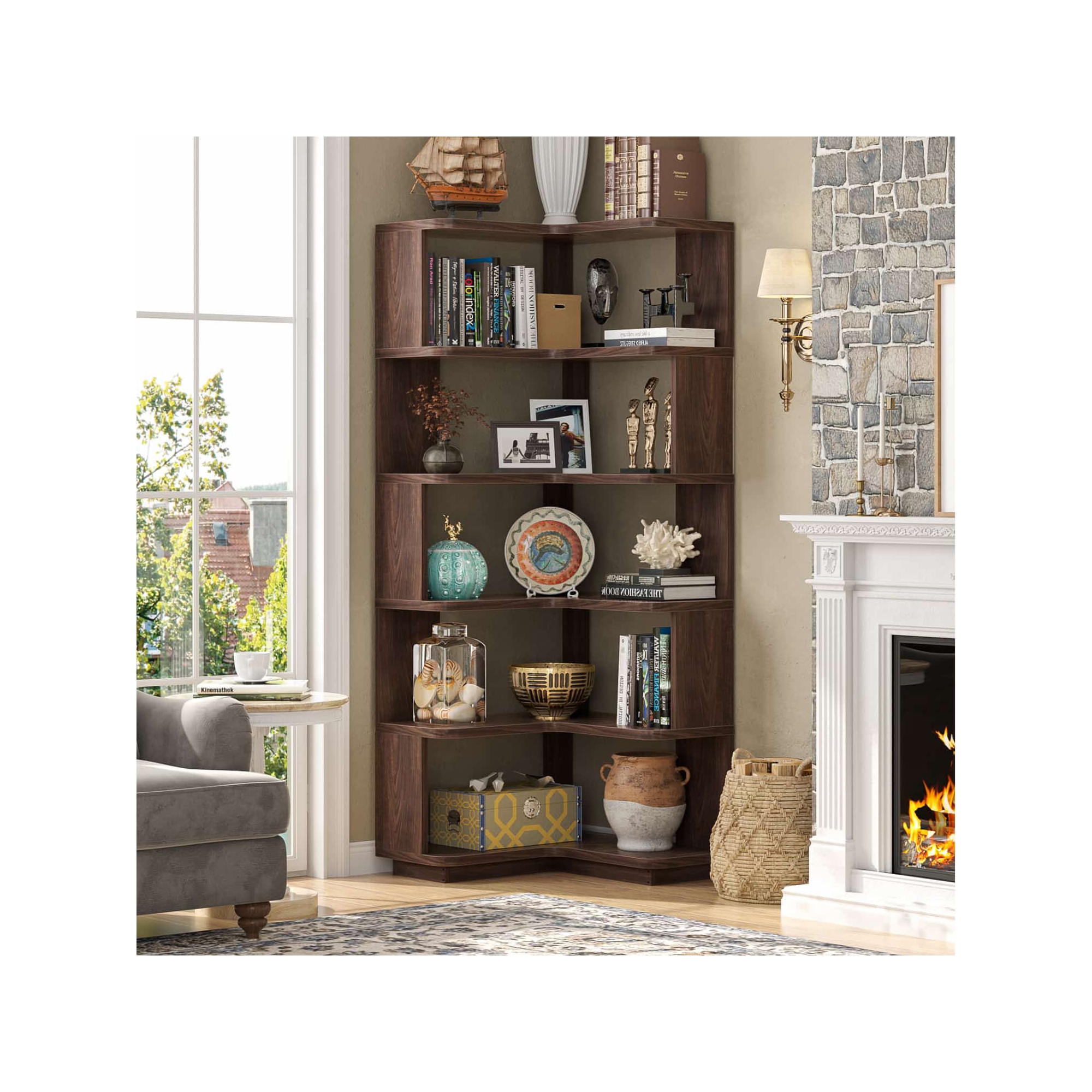 6-tier Corner Bookshelf, Space-saving Bookcase Display Storage Shelf - Black Walnut