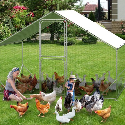 Large Metal Chicken Coop, Walk-in Poultry Cage With Waterproof Cover, Spire Roof Hen House, Duck Rabbit Chicken Run for Farm,