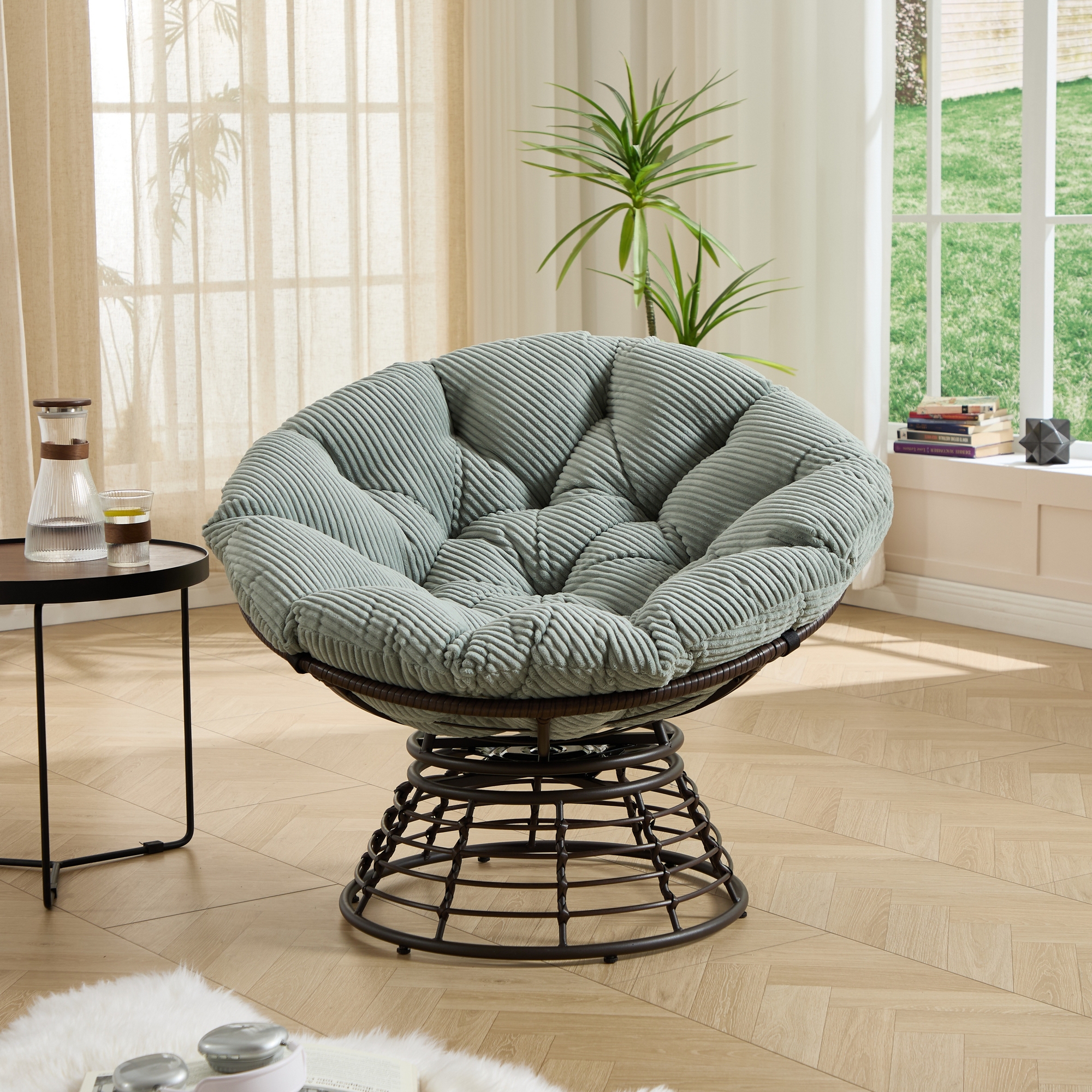 GDFStudio Rina Modern 360° Swivel Rattan Papasan Chair with Soft Thick Cushion, Light Green