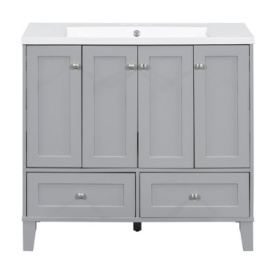 Vynxaria 36" Gray Freestanding Bathroom Storage Cabinet with Resin Sink and Adjustable Shelves