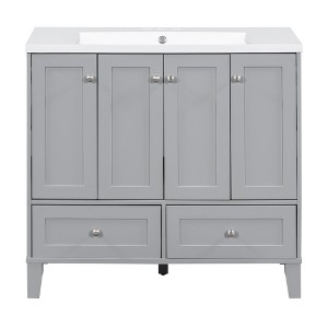 Vynxaria 36" Gray Freestanding Bathroom Storage Cabinet with Resin Sink and Adjustable Shelves - 1 of 4