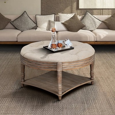 Large Round Waterproof Ottoman Coffee Table & Footstool, 2-Tier Tufted Storage, Farmhouse Upholstered Linen with Wooden Shelf for Living Room