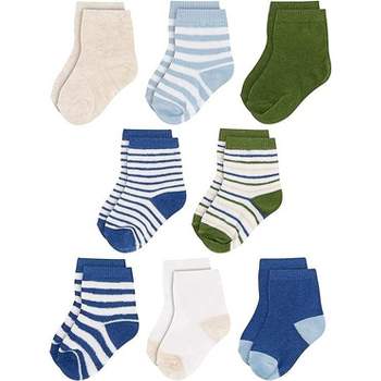 Rising Star Infant Socks for Baby Boys, Crew Ankle Cotton Infant Socks 0-12 months- 8 pack (Blue/Green Stripes)