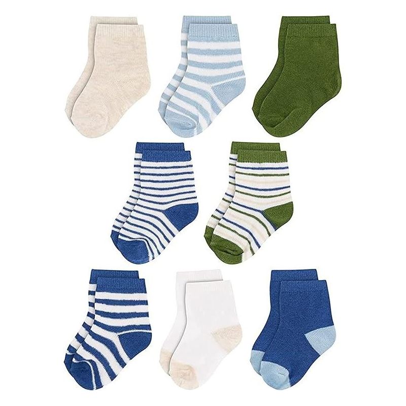 Rising Star Infant Socks for Baby Boys, Crew Ankle Cotton Infant Socks 0-12 months- 8 pack (Blue/Green Stripes), 1 of 3