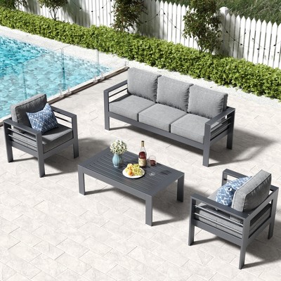 LayinSun Outdoor Aluminum Furniture Set, 4 Pieces Patio Sectional Conversation Chat Sofa Modern Seating Set with Coffee Table