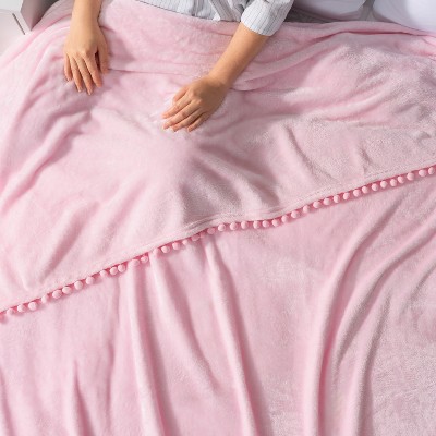 Light Pink Fleece Throw Blanket with Pom Pom Fringe
