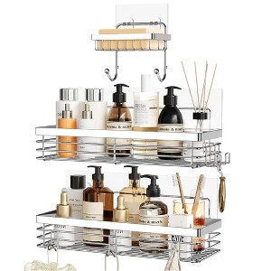 Aoibox Adhesive Shower Caddy with Soap Dish Holder and Hooks, Wall Mounted Bathroom Organizer,Stainless Steel Storage Rack,No Drilling Required,3-Pack - 1 of 4